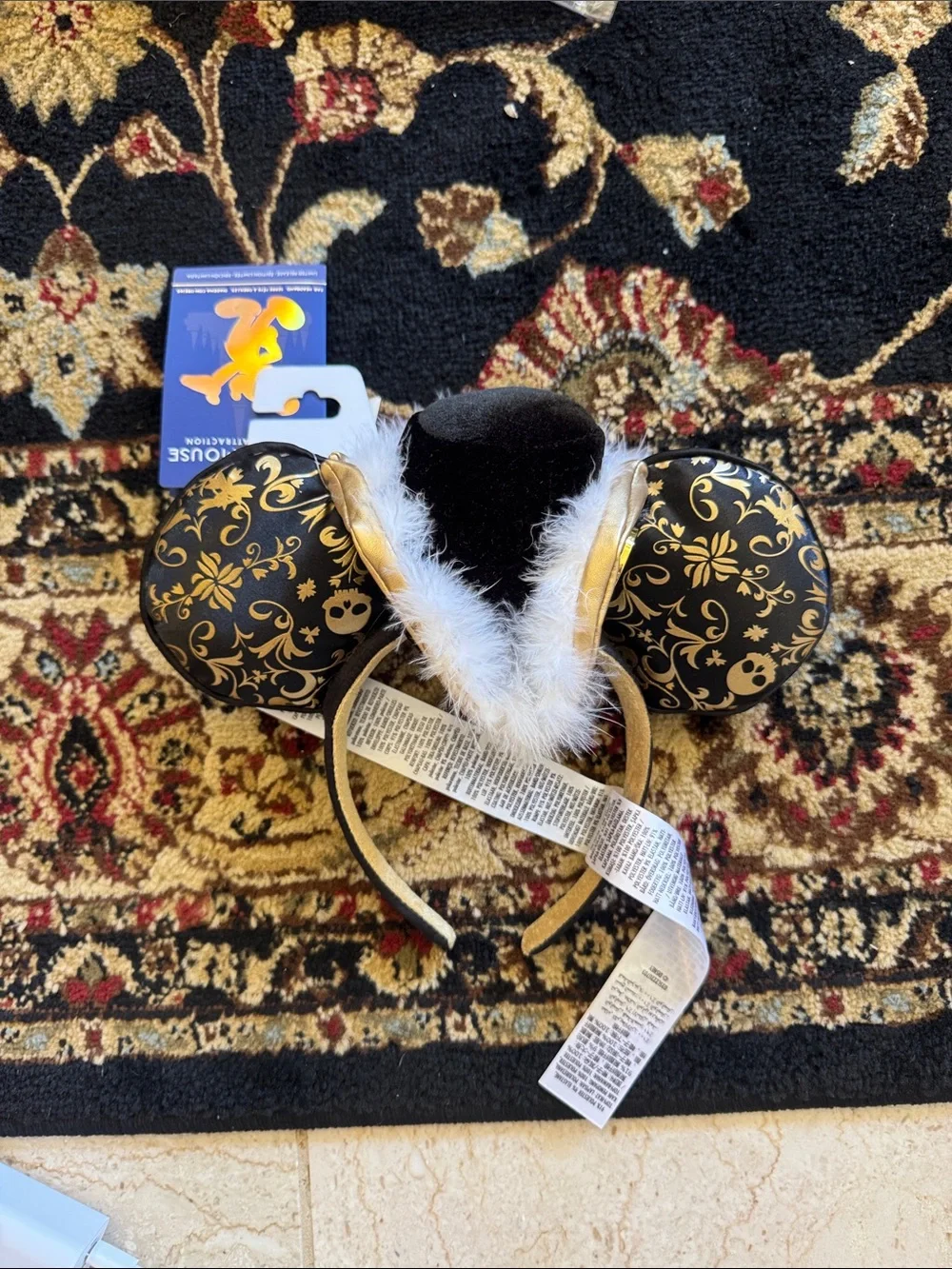 Disney Black and Gold Filigree Mouse Ear Headband with White Feather Trim